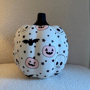 Patterned Black & White Bat, Skull, and Jack-o-lantern Large Ceramic Pumpkin